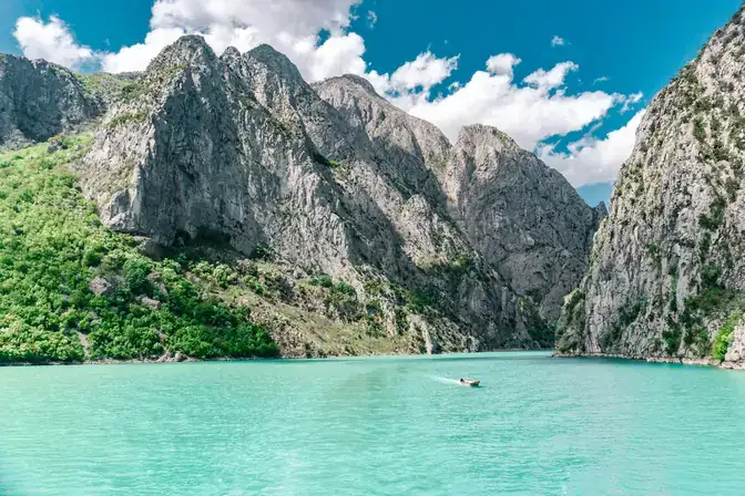 Komani Lake seen from the water, northern Albania